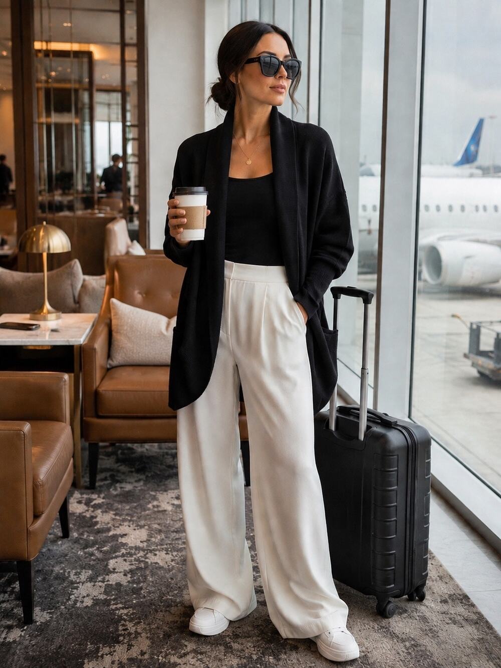 Aritzia Wilfred Cocoon Cardigan Sweater Black Gold Stud Open Front Travel Luxe